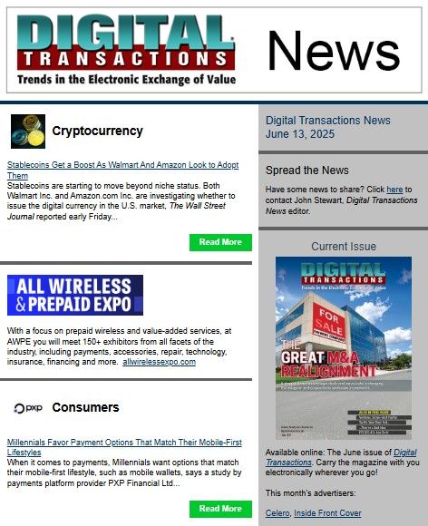 Today's Digital Transactions News: Amazon, Walmart Could Deliver Stablecoin Boosts; Millennials Mobile-First Mantra; Plus Weekly Recap
buff.ly/qZFJuGG 
#payments #Amazon #Walmart #stablecoins #cardnetworkbypass #cryptocurrency #Millennials #mobilefirst #paymentchoices