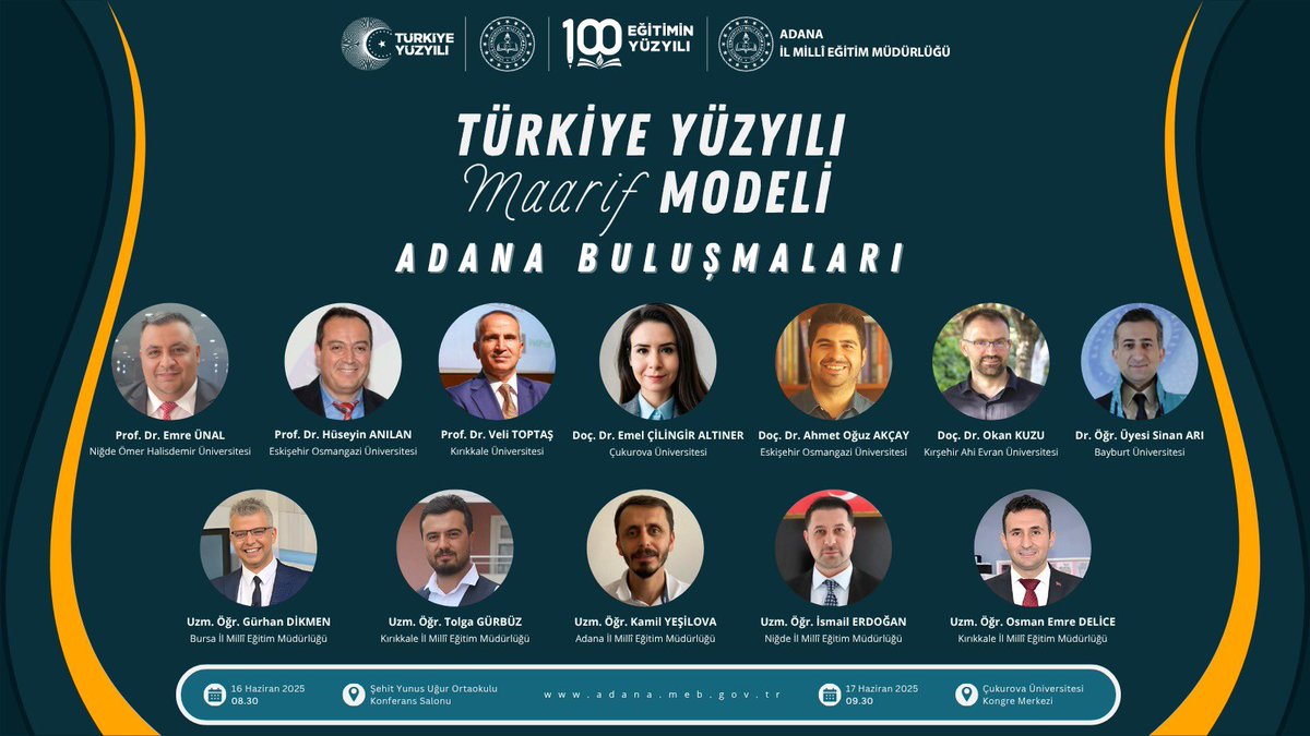 Müdürlüğümüzce düzenlenen "Türkiye Yüzyılı Maarif Modeli Adana Buluşmaları" programında alanında uzman akademisyen ve eğitimciler 16-17 Haziran’da okul yöneticilerimiz ve öğretmenlerimizle konferans ve atölyelerde buluşuyor.
<a href="/tcmeb/">Millî Eğitim Bakanlığı</a> <a href="/Yusuf__Tekin/">Yusuf Tekin</a> <a href="/farukyelkenci/">Ömer Faruk Yelkenci</a> <a href="/tufekciyusuf/">Yusuf TÜFEKÇİ</a>
