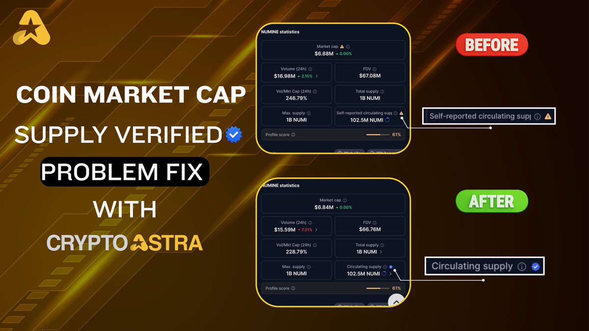 🚨CoinMarketCap Circulating Supply Verification

We now offer CoinMarketCap (CMC) circulating supply verification services in addition to CEX listings—at a price lower than the current market rate. We’ve already completed successful verifications for the MSQ and NUMI projects