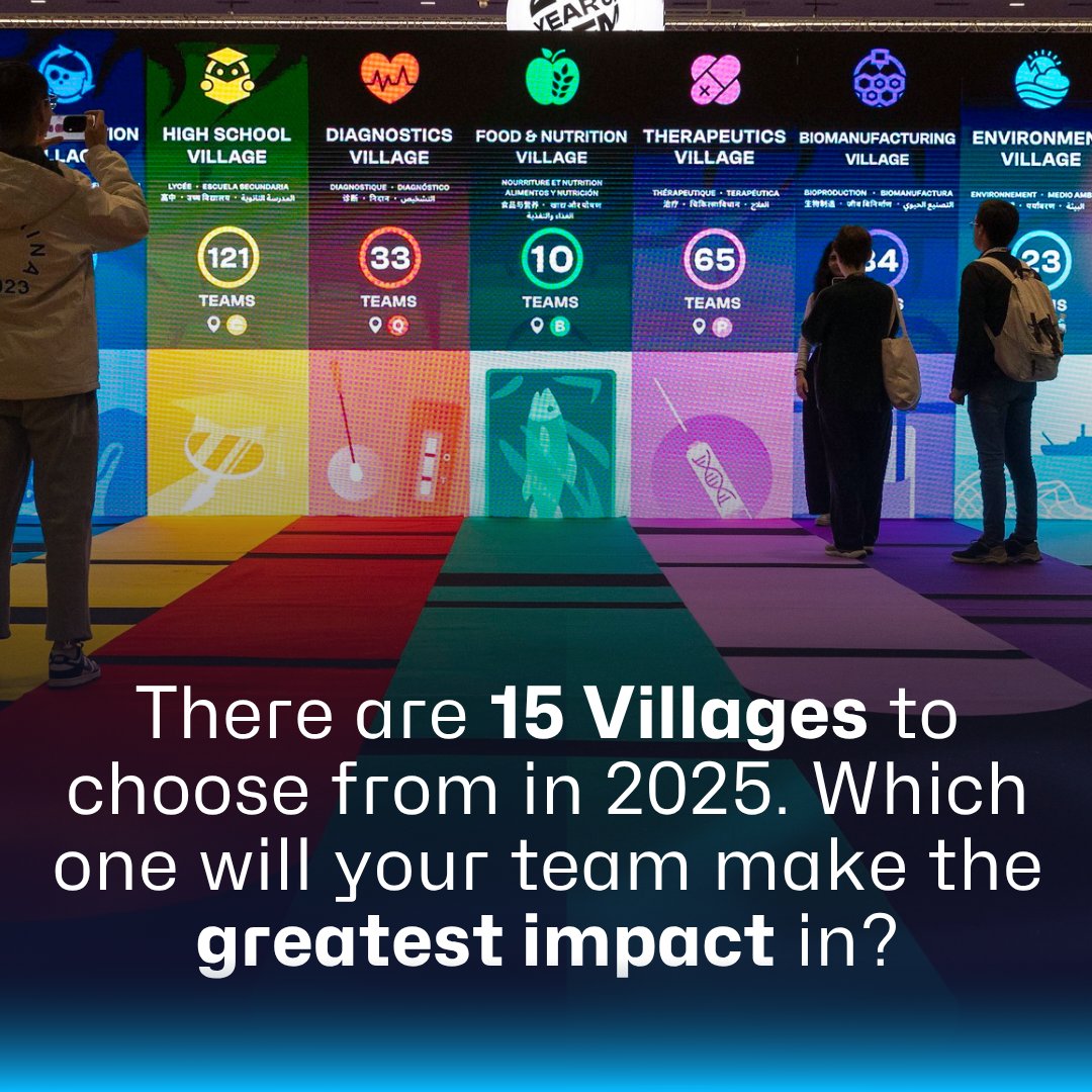 iGEM's tweet image. Team Village Selections for the 2025 iGEM Competition are due in 1 week, on June 25 at 15:00 UTC!

Not sure which to choose? We suggest that you select the Village where you believe your team can make the greatest impact.

🔗 competition.igem.org/deliverables/v…
