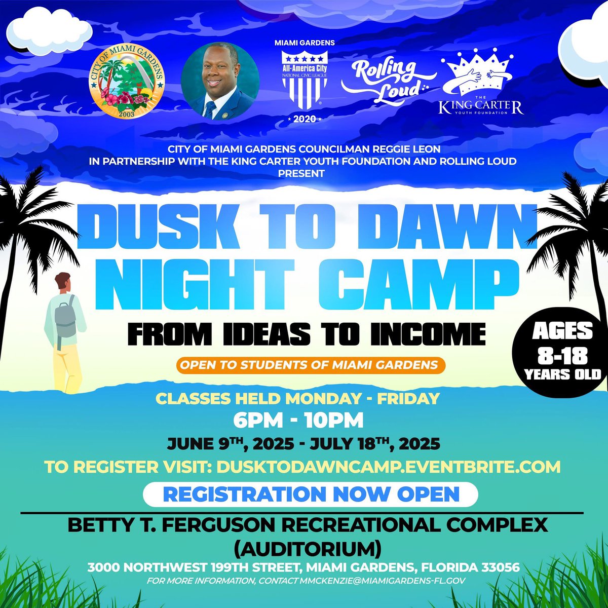 Calling all young innovators! 💡 The Dusk to Dawn Night Camp is back June 9 – July 18 for Miami Gardens students ages 8–18. Learn how to turn Ideas Into Income 💼🌙 Classes run Mon–Fri, 6–10PM at Betty T. Ferguson. Register: dusktodawncamp.eventbrite.com
