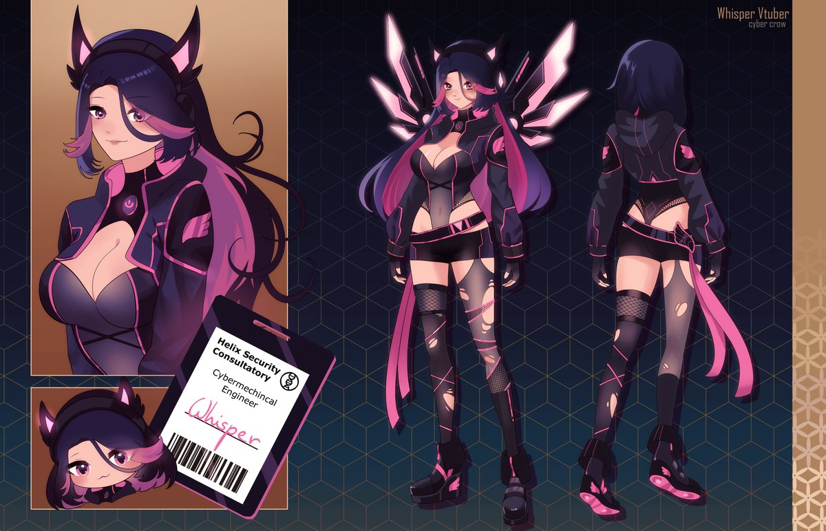 whispervtuber's tweet image. I'm happy to reveal my new design! Whisper the cyber crow is here to service all of your parts! I hope you like the new look 💜✨