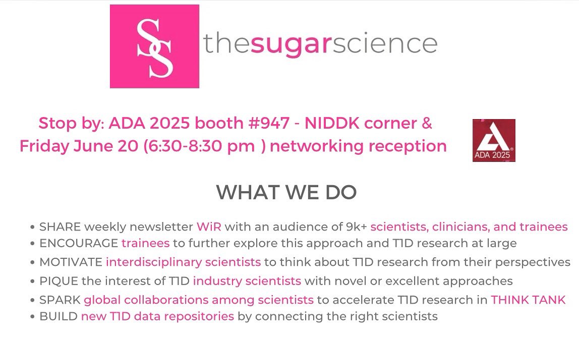 thesugarscience's tweet image. ADA 2025 is coming up and @thesugarscience team will be there! Stop by and say hello! Let’s talk about the mission towards a cure! #ada2025 #diabetes #type1diabetes