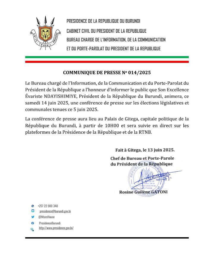 Umucomedia's tweet photo. 🎙️Demain à 10h, le président @GeneralNeva tiendra une conférence de presse au palais de @Gitega sur les élections du 5 juin. 

📺 Suivez en direct sur @NtareHouse et @RTNBurundi. #Burundi 

#Élections2025 #amatora https://t.co/YMuO2mgRJW