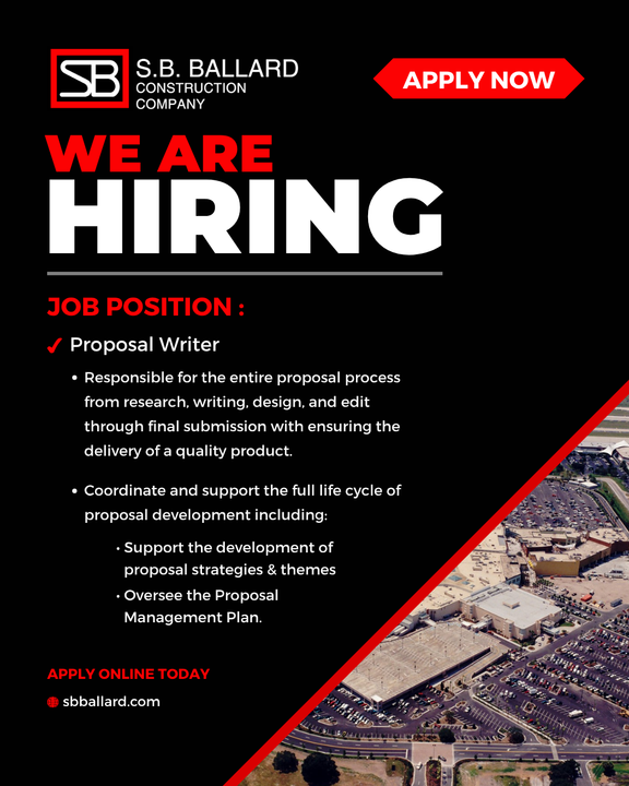 We're hiring! SB Ballard is looking for a Proposal Writer to join our Virginia Beach team.

Apply today sbballard.com/careers.

#SBBallard #NowHiring #ProposalWriter #ConstructionCareers #JoinOurTeam #VirginiaBeachJobs