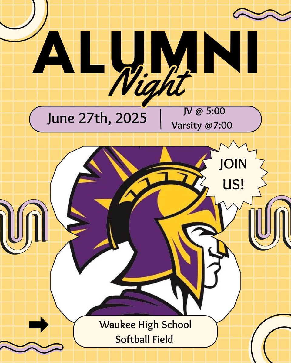 💜ALUMNI NIGHT💜

📆 Friday, June 27th
⏰ JV @ 5:00
⏰ Varsity @ 7:00
🆚 Winterset 
📍 Waukee Softball Field