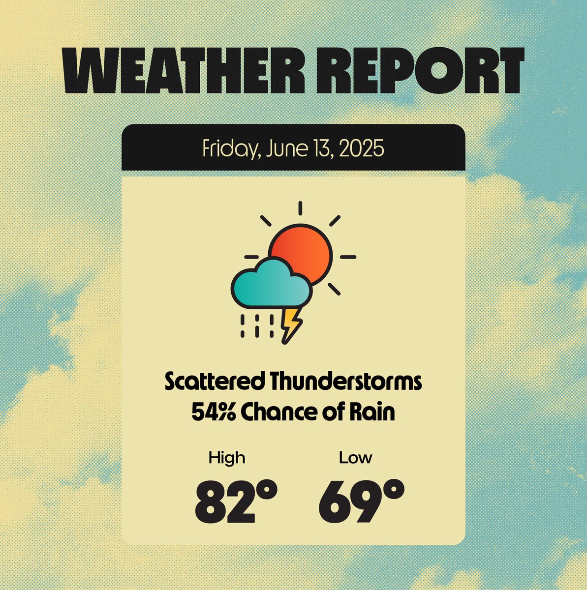 Bonnaroo's tweet image. here's today's weather report! reminder 👉 no umbrellas are allowed in centeroo, but rain jackets are totally cool.
we'll keep it going rain or shine, but we may pause the show if safety is an issue. keep an eye on app notifications & social media for updates!