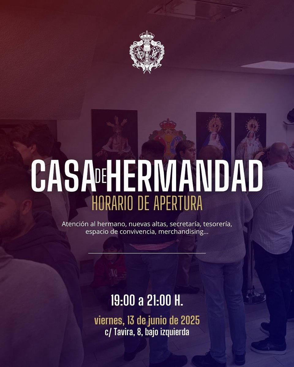 Hermandad Despojado y Caridad de Salamanca (@hdespojado) on Twitter photo #CASADEHERMANDAD | Casa de Hermandad abierta.
📅 13 de junio.
🕖 19 a 21 h.
📍 c/ Tavira, 8.
👋🏻 Atención al hermano.
😄 Espacio de convivencia.
‼️ NUEVAS ALTAS, secretaría y tesorería. #CASADEHERMANDAD | Casa de Hermandad abierta.
📅 13 de junio.
🕖 19 a 21 h.
📍 c/ Tavira, 8.
👋🏻 Atención al hermano.
😄 Espacio de convivencia.
‼️ NUEVAS ALTAS, secretaría y tesorería.