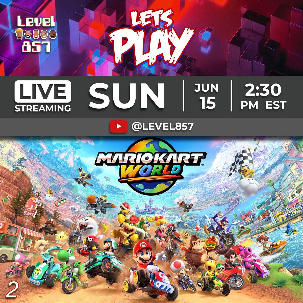 level857's tweet photo. Who wants to race? Level 857 vs the world in Mario Kart World! We'll see you in the streets! #leve857 #mariokartworld #letsplaysunday #mariokart #mario #wario #bowser #luigi #waluigi #kartracer #SuperMario #blueshell #redshell #goldshell

Link:
https://t.co/L7XTVGQX4f https://t.co/IxGz664AqM