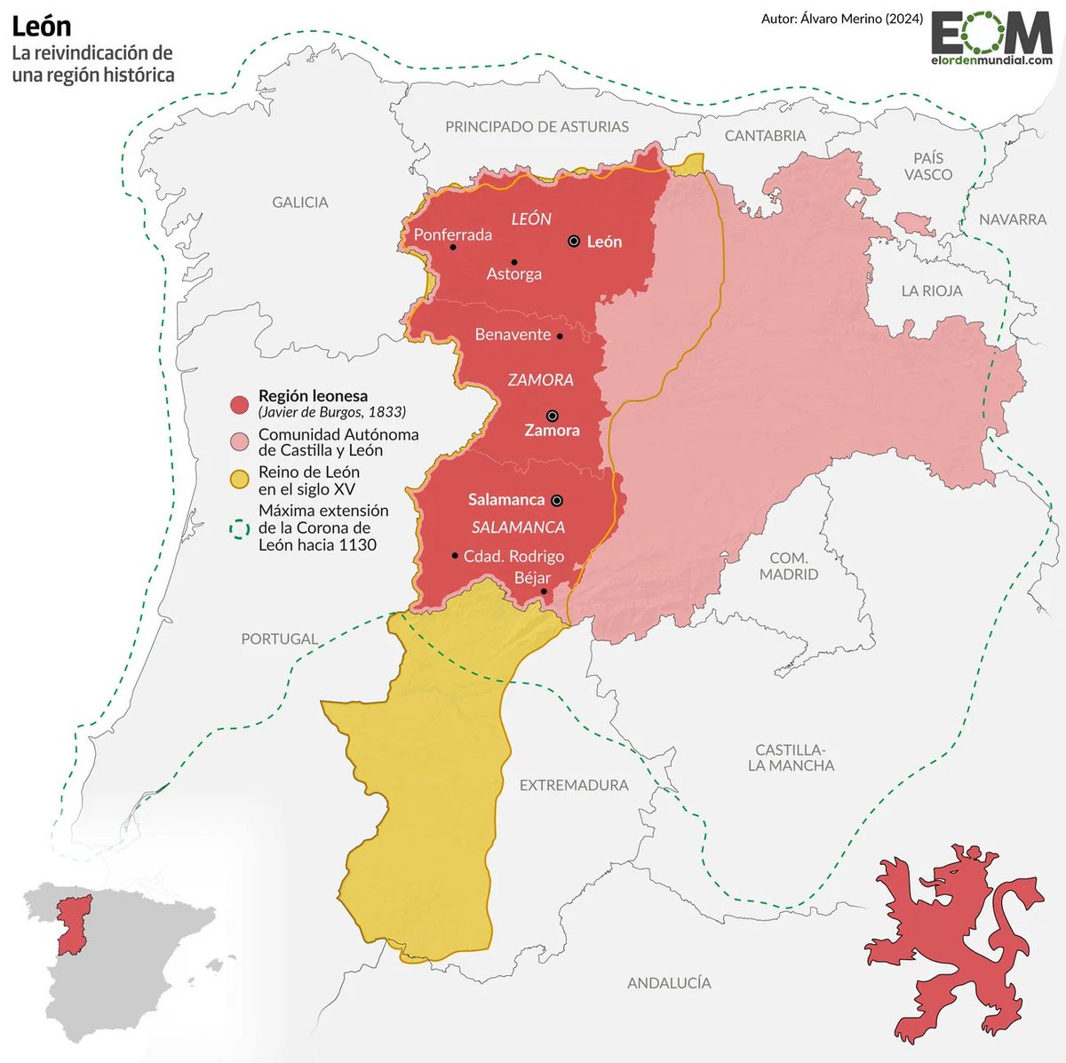 🗺️Así es el mapa de León

La reivindicación autonomista de la región leonesa hunde sus raíces en el reino surgido en el siglo X. La región ocuparía las provincias de León, Zamora y Salamanca.

👉Muchos exigen formar una nueva comunidad autónoma al margen de Castilla y León.

¿Lo