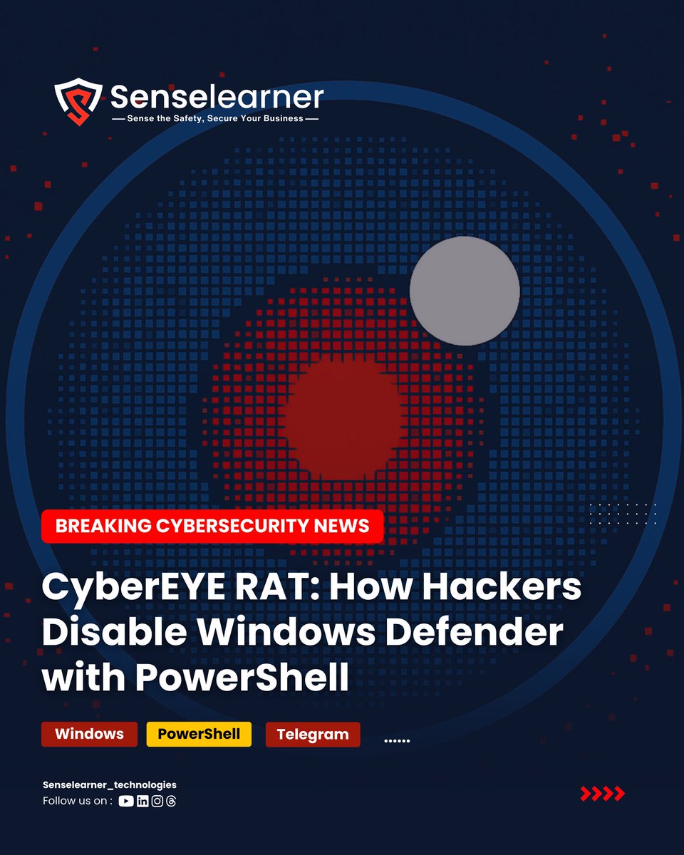 SenselearnerL's tweet photo. Discover how CyberEYE RAT stealthily disables Windows Defender using PowerShell and registry tweaks.

Link - https://t.co/Hrq33c5uod

#CyberSecurity #MalwareAnalysis #WindowsDefender #PowerShellAttack #InfoSec #senseacademy #senseacademyoftechnology https://t.co/76UF4pvjmj