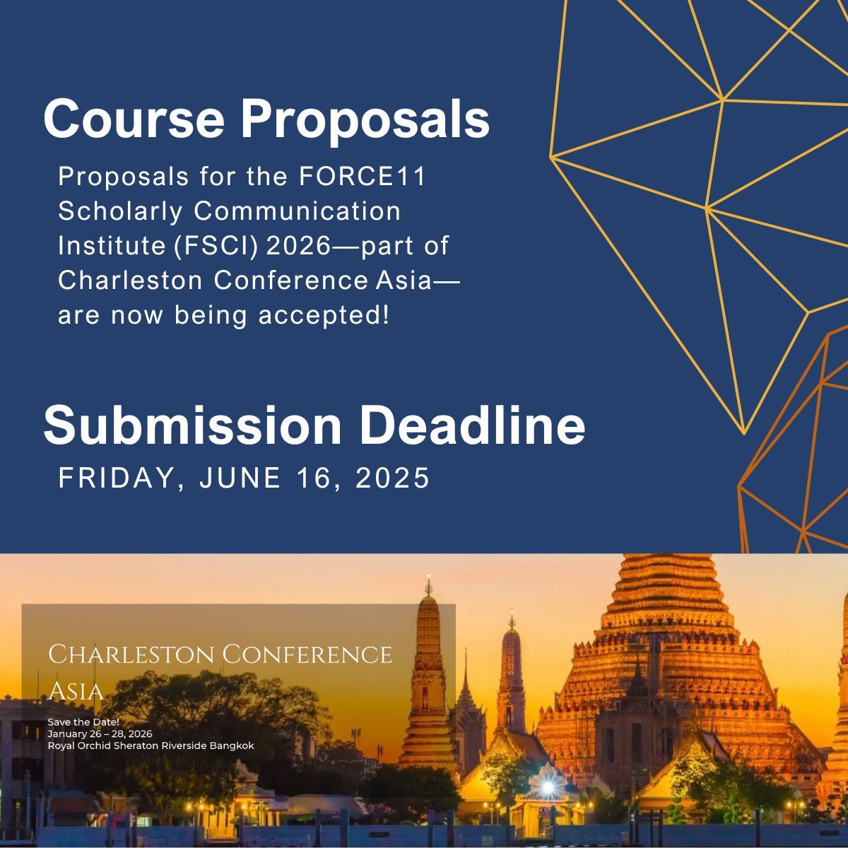 Call for Charleston Conference Asia Preconferences: Deadline extended to June 16!
FORCE11 Scholarly Communication Institute will host a series of courses at the Charleston Conference Asia being held in Bangkok January 26-28, 2026. 
Learn more: charleston-hub.com/charleston-con…