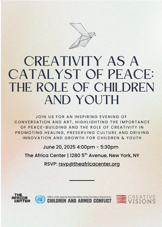 Children and Armed Conflict ๐ #ProveItMatters (@childreninwar) on Twitter photo Next Friday, join us for an inspiring discussion on the importance of art and creativity in promoting healing for children and youth with <a href="/cvfoundation/">Creative Visions</a> and <a href="/childreninwar/">Children and Armed Conflict ๐ #ProveItMatters</a> at the <a href="/TheAfricaCenter/">TheAfricaCenter</a>
๐
June 20th, 2025
๐4:00PM-5:30PM
Details on the invite to RSVP Next Friday, join us for an inspiring discussion on the importance of art and creativity in promoting healing for children and youth with <a href="/cvfoundation/">Creative Visions</a> and <a href="/childreninwar/">Children and Armed Conflict ๐ #ProveItMatters</a> at the <a href="/TheAfricaCenter/">TheAfricaCenter</a>
๐
June 20th, 2025
๐4:00PM-5:30PM
Details on the invite to RSVP