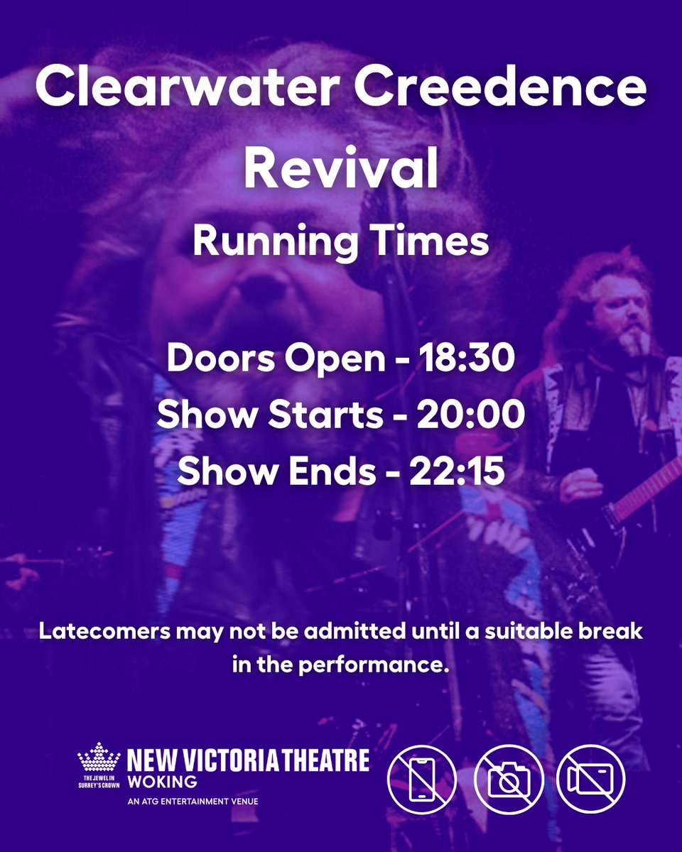 📣 Joining us for Clearwater Creedence Revival this evening? Here’s everything you need to know:

🥂 Doors Open: 18:30
🎸 Show Starts: 20:00
🕙 Show Ends: 22:15

We can't wait to welcome you!

🎟️ Last-minute tickets still available – grab yours via: atgtix.co/43DlnNw