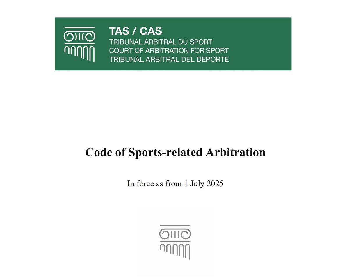 🚨#CAS Code new ed. out today
👉EIF 1 July
👉Limited changes 👉bit.ly/4jJPskp
✅clarification re 🗓️of expedited proc. (R44)
✅time limit for award = 4 mths (max) by default 
✅6K lump sum for in-house clerk to draft award (see bit.ly/45WYuav) 
#sportsarbitration