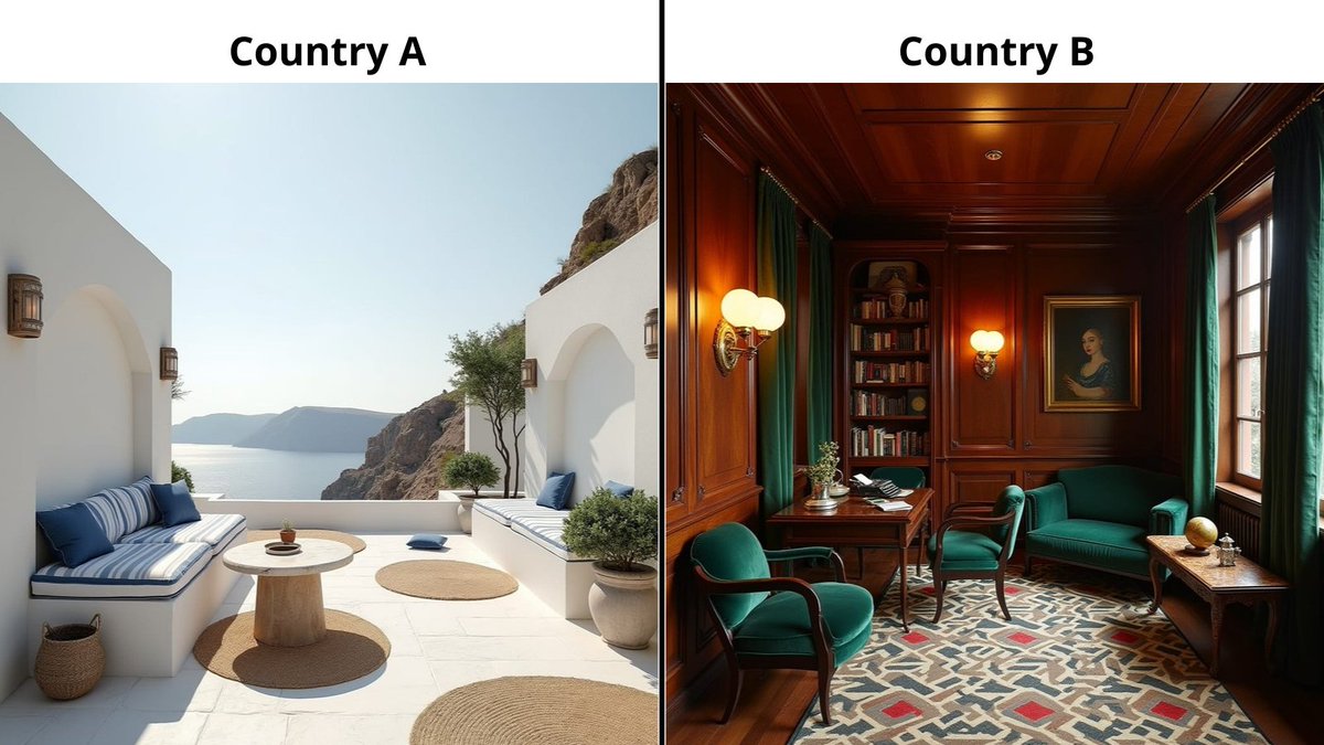 enchantedho's tweet photo. 🇬🇷✨🇨🇿 – Where would you write your next chapter?
A) **Santorini sunset veranda** with sea views 🌅
B) **Prague Art Deco study** wrapped in velvet &amp; brass 📚
Pick your favorite vibe! 👇
#DesignDuel #InteriorBattle https://t.co/srjIQ1Wxnh