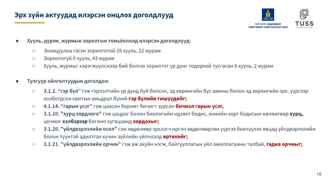 Гэр бүл, хөдөлмөр, нийгмийн хамгааллын үйл ажиллагааг зохицуулж буй хуулиудад хийсэн системийн шинжилгээний нэгдсэн дүгнэлтүүд: 

Системийн шинжилгээ хийсэн 35 хууль тогтоомжид тусгагдсан 5,588 үүргийн заалтын 2,519 үүрэг нь доголдолтой,

5,588 үүргийн заалт тус бүрийг шинжлэхэд