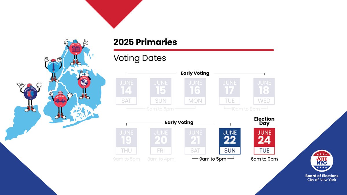 BOENYC's tweet image. 📢Last Day of Early Voting!🗳️
🚨Not all party/districts have primary elections
Check your party at amiregistered.vote.nyc
Check your poll site at findmypollsite.vote.nyc