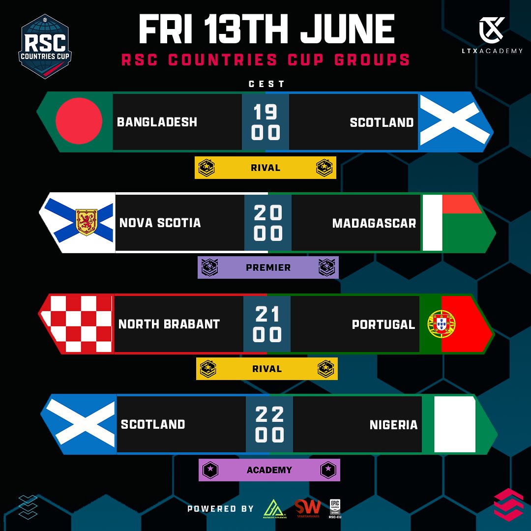 RSC EU (@rsc_eu) on Twitter photo ๐ฃ Off-Season Event: Group Stage! ๐ฃ
Bangladesh ๐ Scotland @ 19:00 CEST
Nova Scotia ๐ Madagascar @ 20:00 CEST
North Brabant ๐ Portugal @ 21:00 CEST
Scotland ๐ Nigeria @ 22:00 CEST
๐ - <a href="/Daromas_UK/">Daromas_UK</a>, Greninja, <a href="/HOJCasts/">HOJ</a>, <a href="/WillKie_/">LM WillKie</a>
๐ฌ - <a href="/iam_raidz/">Simao</a>
๐บ - ๐ฃ Off-Season Event: Group Stage! ๐ฃ
Bangladesh ๐ Scotland @ 19:00 CEST
Nova Scotia ๐ Madagascar @ 20:00 CEST
North Brabant ๐ Portugal @ 21:00 CEST
Scotland ๐ Nigeria @ 22:00 CEST
๐ - <a href="/Daromas_UK/">Daromas_UK</a>, Greninja, <a href="/HOJCasts/">HOJ</a>, <a href="/WillKie_/">LM WillKie</a>
๐ฌ - <a href="/iam_raidz/">Simao</a>
๐บ -