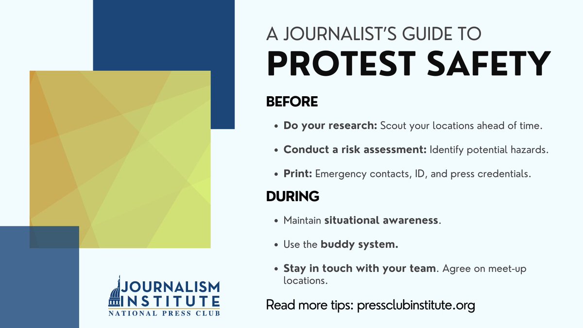 NPCInstitute's tweet image. Covering protests this weekend?
- Plan exit routes
- Carry ID & protective gear
- Work in teams
- Know your rights
Check out more tips in our safety guide for journalists: pressclubinstitute.org/2025/06/12/a-j…