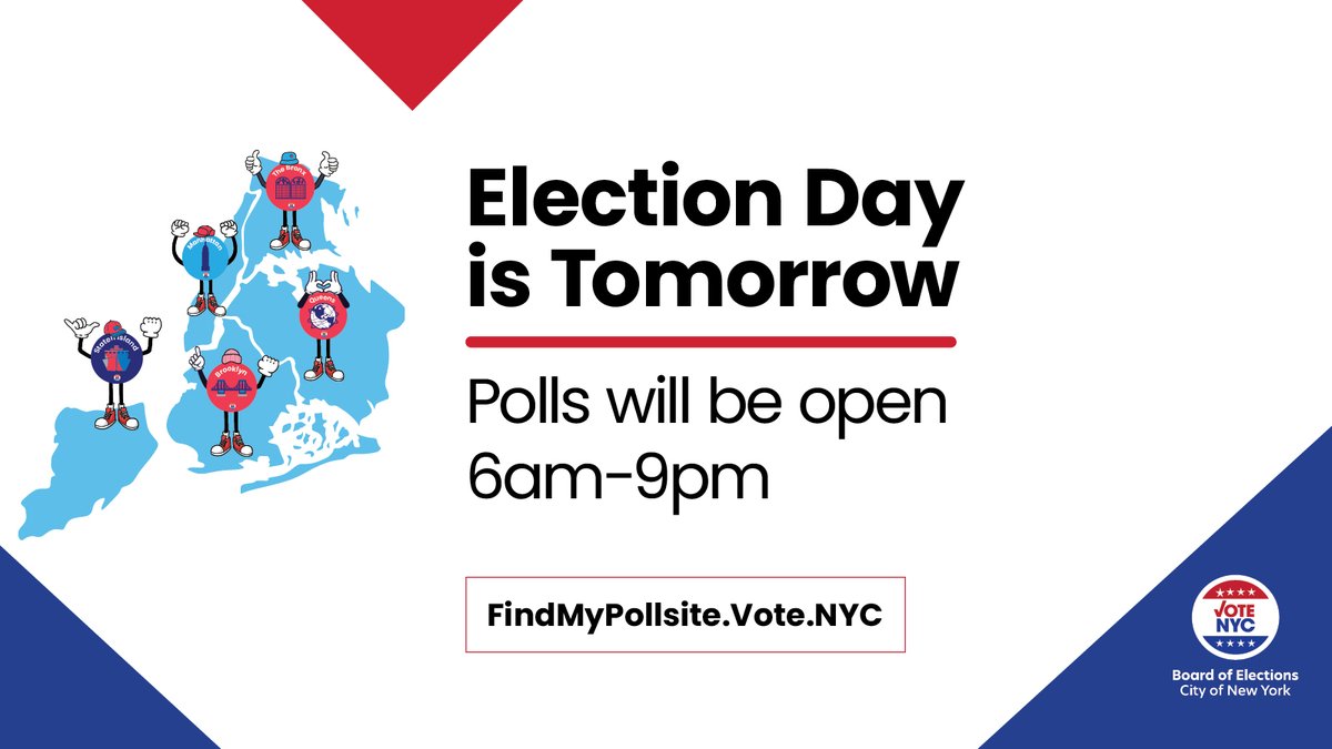 BOENYC's tweet image. 📢Tomorrow is Election Day!🗳️
🚨Not all party/districts have primary elections
Check your party at amiregistered.vote.nyc
Check your poll site at findmypollsite.vote.nyc