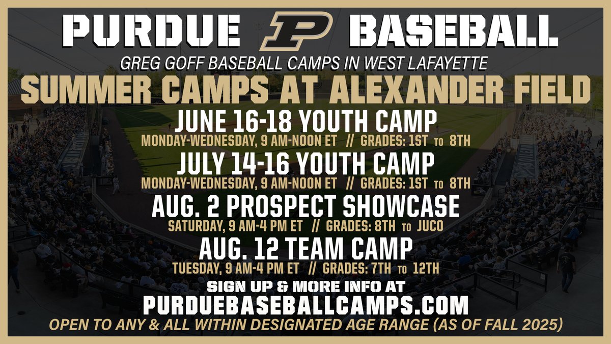 Reminder that Summer Camps are back at Alexander beginning next week. Lots of options for young ballplayers. #BoilerUp 

⚾️ Sign Up: purduebaseballcamps.com