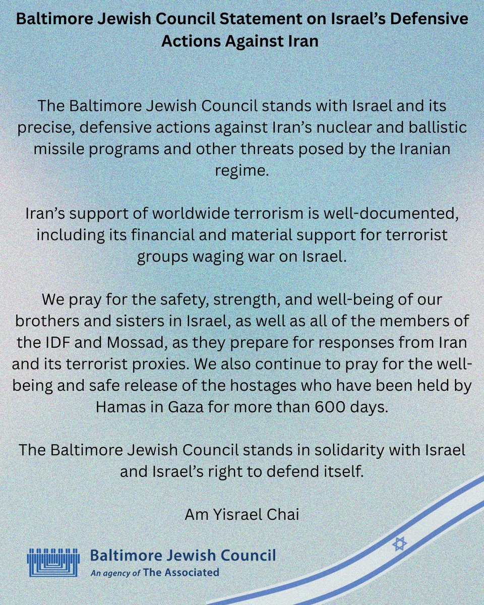 The Baltimore Jewish Council stands with Israel and its precise, defensive actions against Iran’s nuclear and ballistic missile programs and other threats posed by the Iranian regime.