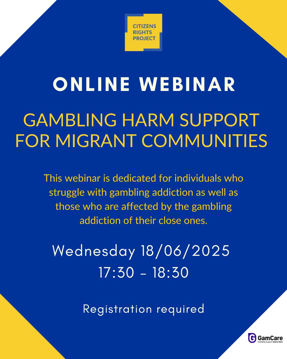 Do you struggle with gambling addiction or affected by gambling of friend or family member?

Join our 'Gambling Harm Support for Migrant Communities' Webinar on the 18th of June.

We ensure full anonymity and confidentiality of attendees

Register here: bit.ly/crp-zoom-gambl…