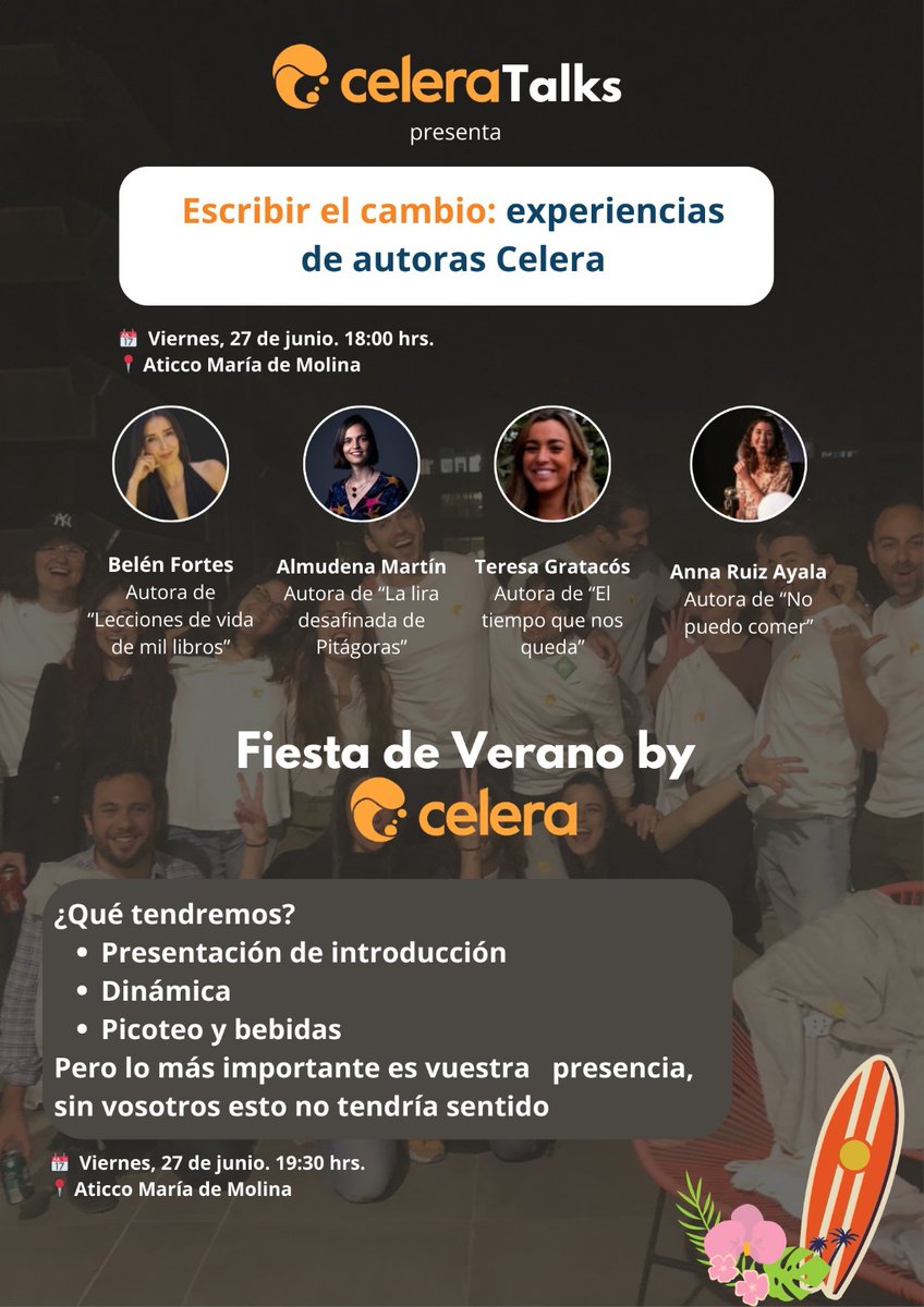 ¡TALK &amp; FIESTA EN CELERA! 🎉 

El 27 de junio tendremos:

- Celera Talk (abierto): 🎤 Descubre el poder de escribir con Belén Fortes, Almudena Martín, Teresa Gratacós y Anna Ruiz. ¡Inspírate!✍️ 

- #FiestaDeVeranoCelera (solo Celerados): 🥂 Después, ¡a celebrar en comunidad! 🎉