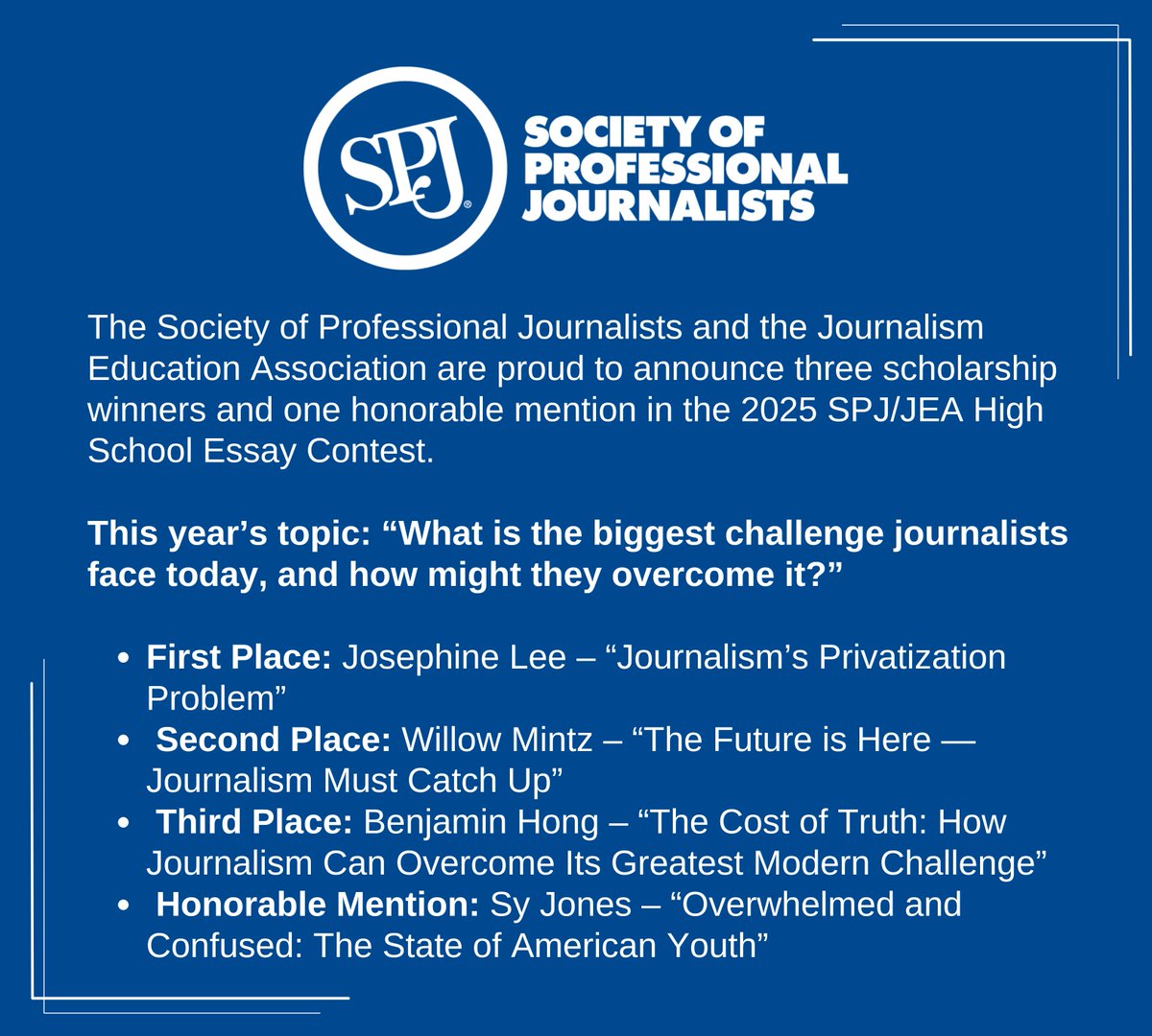🏆SPJ and <a href="/nationalJEA/">JEA</a> are proud to announce the winners of the 2025 SPJ/JEA High School Essay Contest.

“These winning essays reflect that the future of journalism is in thoughtful, capable hands,” said SPJ National President <a href="/emdrums/">Emily Bloch</a>.

🔗Read more: spj.org/spj-jea-announ…