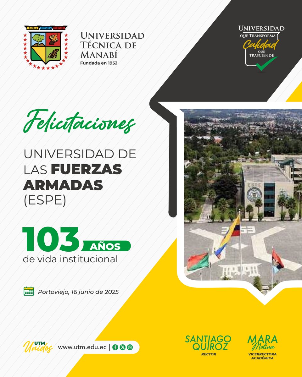 La Universidad Técnica de Manabí felicita a la Universidad de las Fuerzas Armadas en su aniversario; 103 años aportando en beneficio de la educación superior.

<a href="/ESPEU/">ESPE</a> 
#UTMUnidos