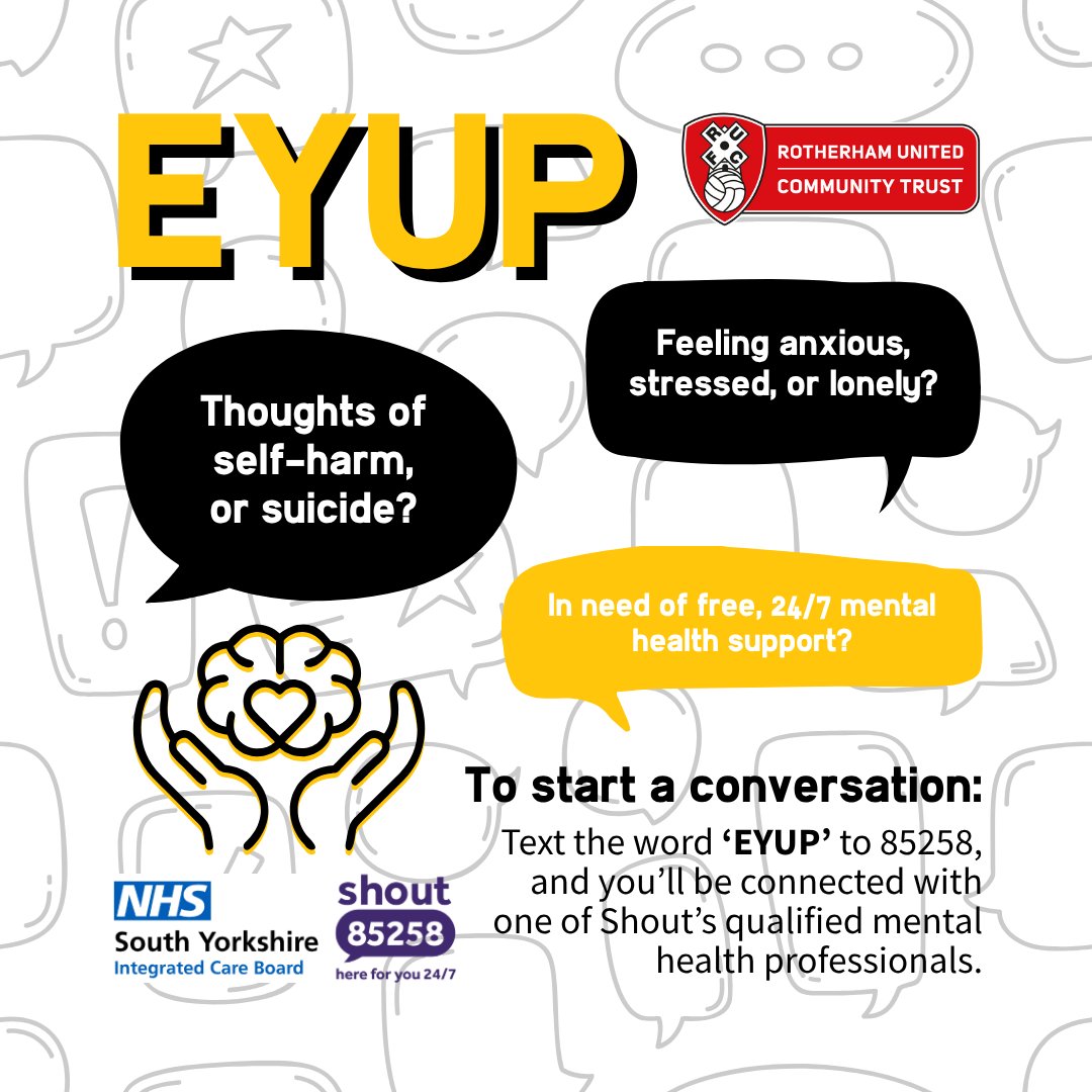 RUCT | Eyup ❤️

Feeling isolated or low? Text ‘EYUP’ to 85258. Shout is here to listen, 24/7.