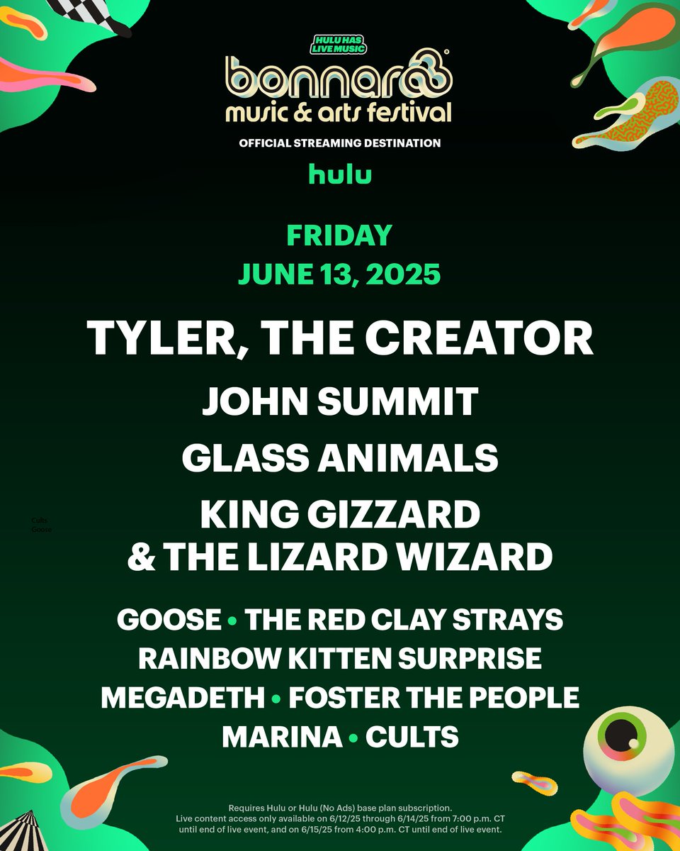 Bonnaroo's tweet image. catch farm-to-couch concerts with @hulu this weekend 🎡
see the schedule & watch at hulu.com/bonnaroo