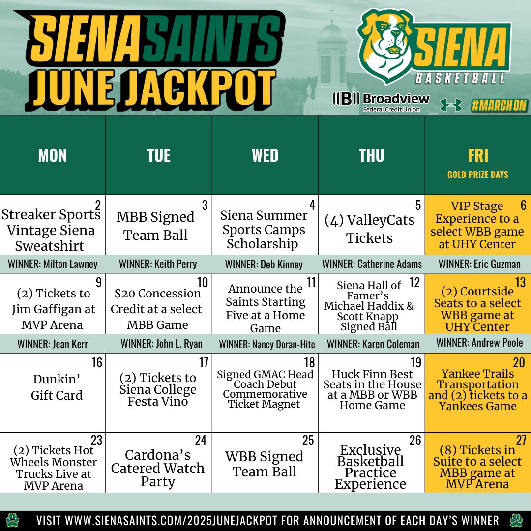 Siena Saints (@sienasaints) on Twitter photo ππ° We're halfway through our June Jackpot!
Haven't secured your πΊ yet?
Be sure to make a deposit to renew or purchase new <a href="/SienaMBB/">Siena Basketball</a> and/or <a href="/Siena_WBB/">Siena Womenβs Basketball</a> season ποΈ prior to the end of the month to be entered for your chance to win!
π sienasaints.com/2025junejackpot
#MarchOn ππ° We're halfway through our June Jackpot!
Haven't secured your πΊ yet?
Be sure to make a deposit to renew or purchase new <a href="/SienaMBB/">Siena Basketball</a> and/or <a href="/Siena_WBB/">Siena Womenβs Basketball</a> season ποΈ prior to the end of the month to be entered for your chance to win!
π sienasaints.com/2025junejackpot
#MarchOn