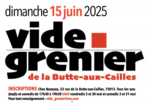 Ce dimanche, retrouvez-nous au traditionnel vide-grenier de la Butte-aux-Cailles ! Notre stand sera situé à côté de l’épicier, en face de Chez Nenesse. Venez nous rencontrer et en profiter pour découvrir nos activités ! 👥