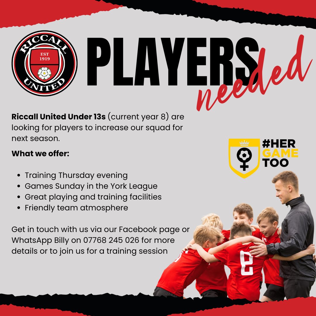 Riccall United Under 13s (current Year 8) are looking for players to increase their squad going into the 25/26 season. Get in touch if you are interested