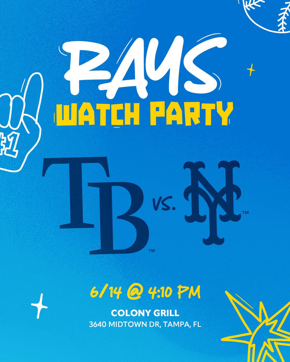 Tampa Bay Rays (@raysbaseball) on Twitter photo New Series ➡️ New Watch Party!
Catch the game with our <a href="/RaysRadio/">Rays Radio</a> team Saturday at <a href="/ColonyGrill1/">Colony Grill</a> in Tampa!
Full info: raysbaseball.com/watchparty New Series ➡️ New Watch Party!
Catch the game with our <a href="/RaysRadio/">Rays Radio</a> team Saturday at <a href="/ColonyGrill1/">Colony Grill</a> in Tampa!
Full info: raysbaseball.com/watchparty