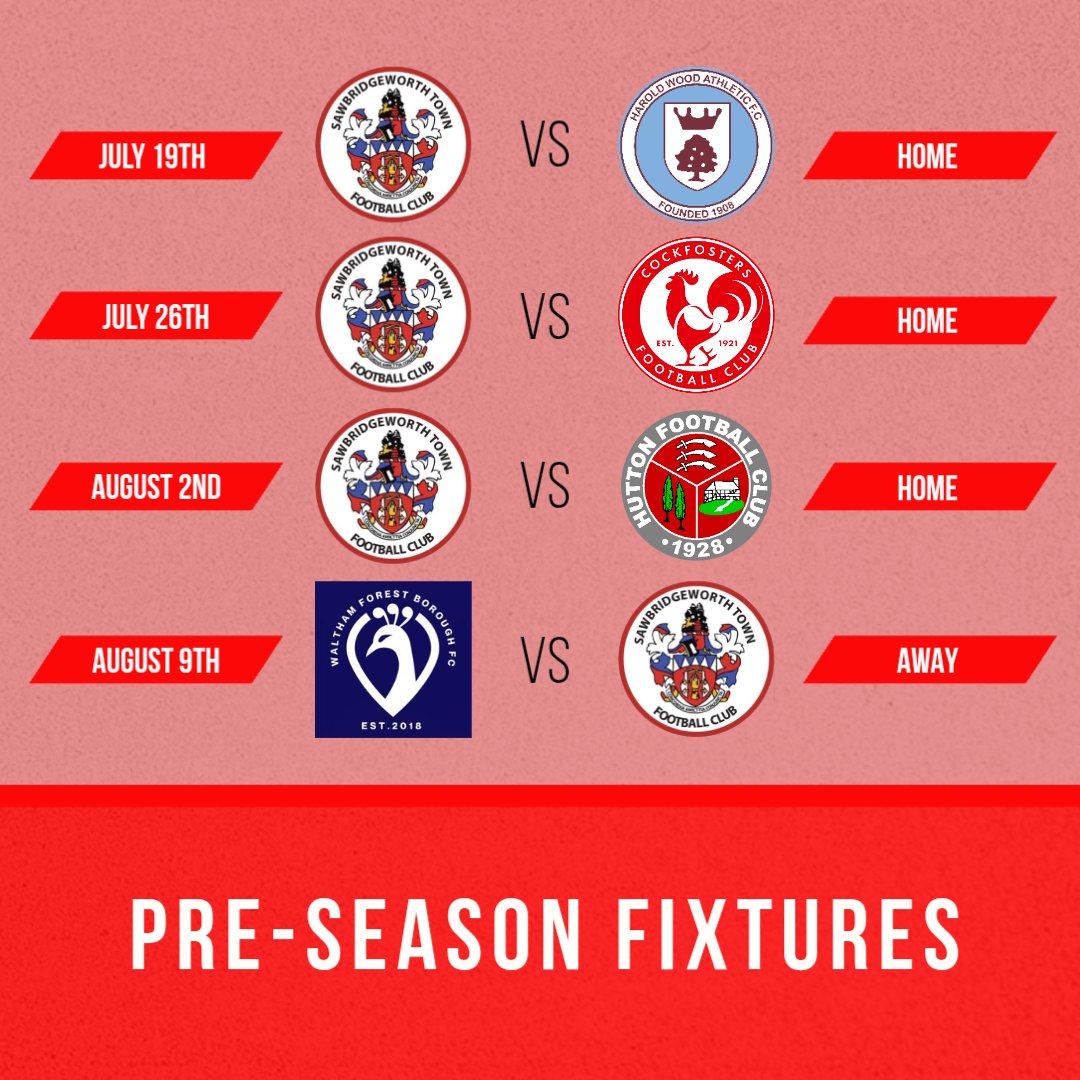 Sawbridgeworth Town u23s (@sawbou23s) on Twitter photo So with pre season around the corner we announce our fixtures. With another to be added in due course.
Kick offs TBA.
<a href="/HWAFC_Reserves/">Harold Wood Athletic FC Reserves</a>
<a href="/CockfostersFC/">Cockfosters FC</a> Res
@Huttonfc 23s
<a href="/walthamforestfc/">Waltham Forest Borough FC</a> So with pre season around the corner we announce our fixtures. With another to be added in due course.
Kick offs TBA.
<a href="/HWAFC_Reserves/">Harold Wood Athletic FC Reserves</a>
<a href="/CockfostersFC/">Cockfosters FC</a> Res
@Huttonfc 23s
<a href="/walthamforestfc/">Waltham Forest Borough FC</a>