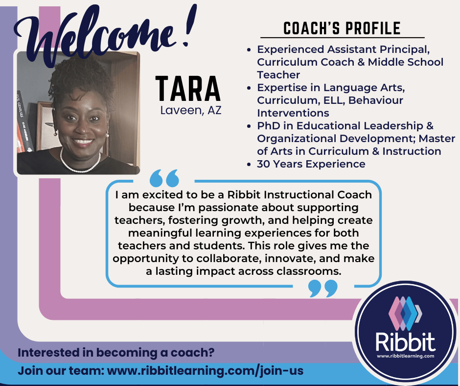 RibbitLearning's tweet photo. Please help us welcome Tara J. to our cadre of freelance instructional coaches!
Tara's expertise and experience will help us support teachers and instructional coaches to grow their knowledge, skills and dispositions to improve outcomes for all students.
#VirtualCoaching https://t.co/I0KAHP7x0l