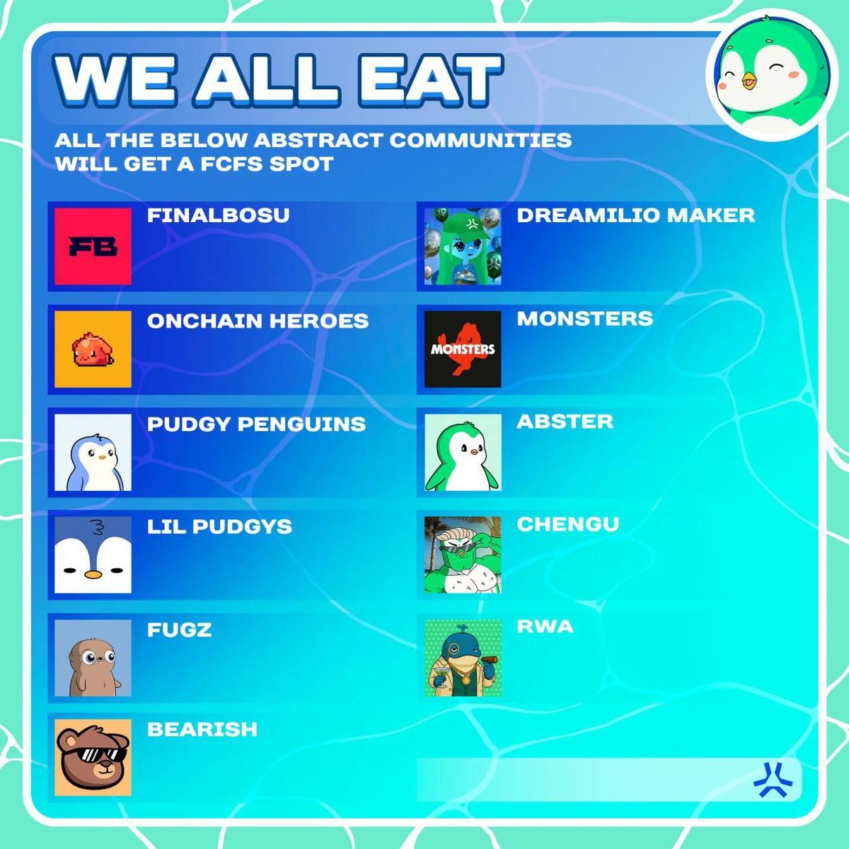 Abster NFT (@absternft) on Twitter photo Delivering Happiness
You're all invited to the mint party & join the FCFS round!
Snapshot will be taken soon.
Eligible communities:
<a href="/finalbosuX/">Finalbosu</a>
<a href="/onchainheroes/">Onchain Heroes | Idle RPG</a>
<a href="/pudgypenguins/">Pudgy Penguins</a>
<a href="/LilPudgys/">Lil Pudgys</a>
<a href="/FugzOfficial/">Fugz</a>
<a href="/bearish_af/">BEARISH</a>
<a href="/DreamilioMaker/">Dreamilio Maker</a>
<a href="/absterxyz/">Abster ✳️</a>
<a href="/ChenguGotAbs/">Chengu</a>
<a href="/RWAlliance___/">Rich Whale Alliance</a> Delivering Happiness
You're all invited to the mint party & join the FCFS round!
Snapshot will be taken soon.
Eligible communities:
<a href="/finalbosuX/">Finalbosu</a>
<a href="/onchainheroes/">Onchain Heroes | Idle RPG</a>
<a href="/pudgypenguins/">Pudgy Penguins</a>
<a href="/LilPudgys/">Lil Pudgys</a>
<a href="/FugzOfficial/">Fugz</a>
<a href="/bearish_af/">BEARISH</a>
<a href="/DreamilioMaker/">Dreamilio Maker</a>
<a href="/absterxyz/">Abster ✳️</a>
<a href="/ChenguGotAbs/">Chengu</a>
<a href="/RWAlliance___/">Rich Whale Alliance</a>