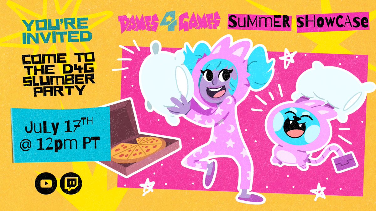 🤩🥳 You're invited to the Dames 4 Games Slumber Party Summer Showcase Summer 2025 by Dames 4 Games THIS SUMMER 😱!! 😮‍💨 That was a doozy, anyway, mark your calendars cuz this time we're coming better 🤩, Stronger 💪, and BIGGER 🤯

🗓️ July 17th, 2025, 12:00 PM PT

#Dames4Games &amp;