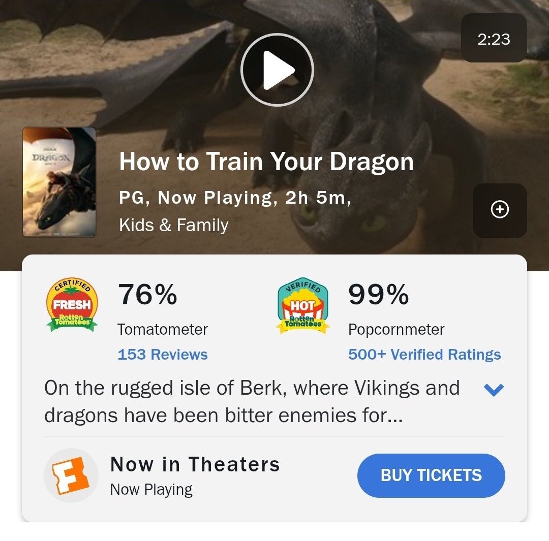 HollywoodHandle's tweet photo. The ‘HOW TO TRAIN YOUR DRAGON’ live-action remake debuts with a near perfect 99% Audience Score on Rotten Tomatoes 🍅 

Read our review: https://t.co/WEq5zD2bAH https://t.co/xXtjf8QGIF