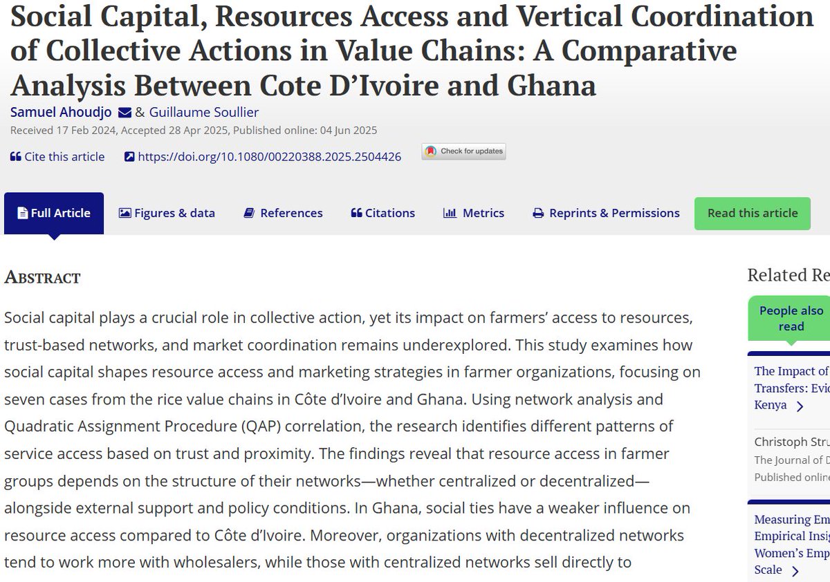 JDevStudies's tweet image. 📢 New in #JDevStudies

How does social capital shape farmers’ access to services and markets in 🇨🇮 and 🇬🇭? Ahoudjo [@AhoudjoS] and Soullier  examine rice value chains across 7 cases using network analysis.

Read more 👉🏽: doi.org/10.1080/002203…