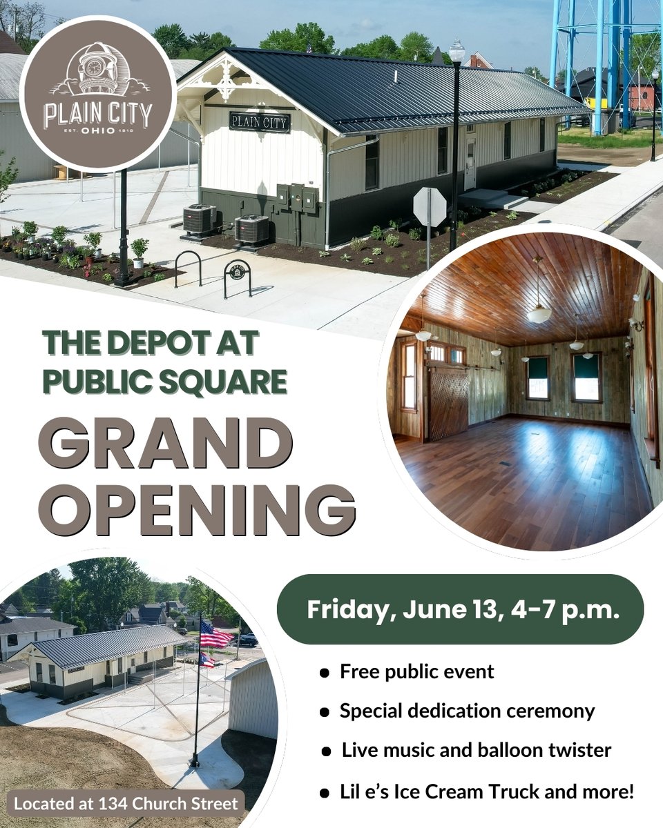 Today is the day! 👏🚂

Join us for The Depot at Public Square Grand Opening from 4-7 p.m. at 134 Church St. in Uptown Plain City. 

A brief dedication ceremony will commence around 4:15 p.m. See you then!