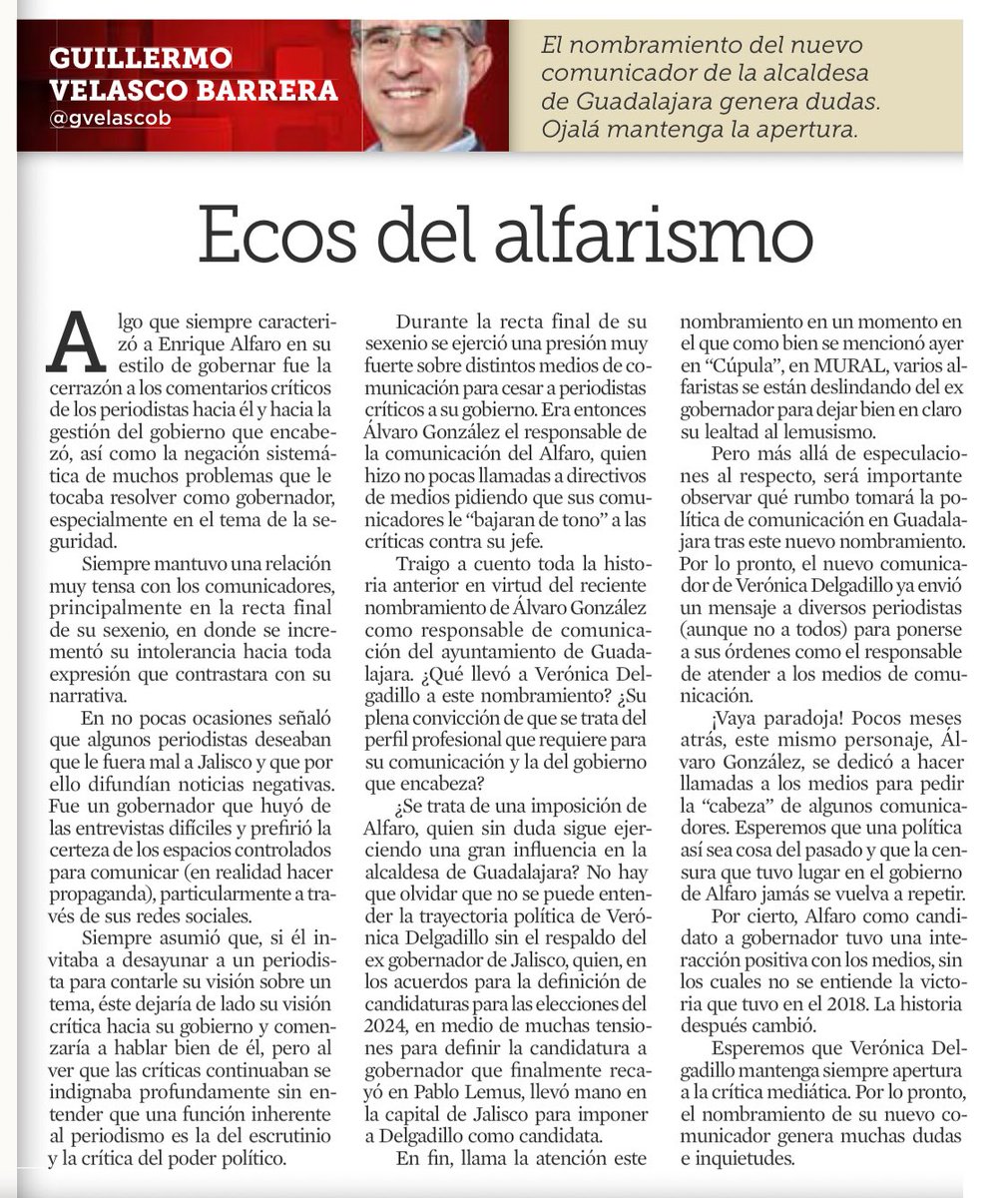 El análisis de <a href="/gvelascob/">Guillermo Velasco</a> en <a href="/muralcom/">mural.com</a> aporta razones, argumentos y datos que invitan a la reflexión sobre el propósito del <a href="/GuadalajaraGob/">Gobierno de Guadalajara</a> 
Un texto necesario que interpela, y que obliga a pensar. 
Más de lo peor.
No debería pasar desapercibido. 
Lectura imprescindible👇👇