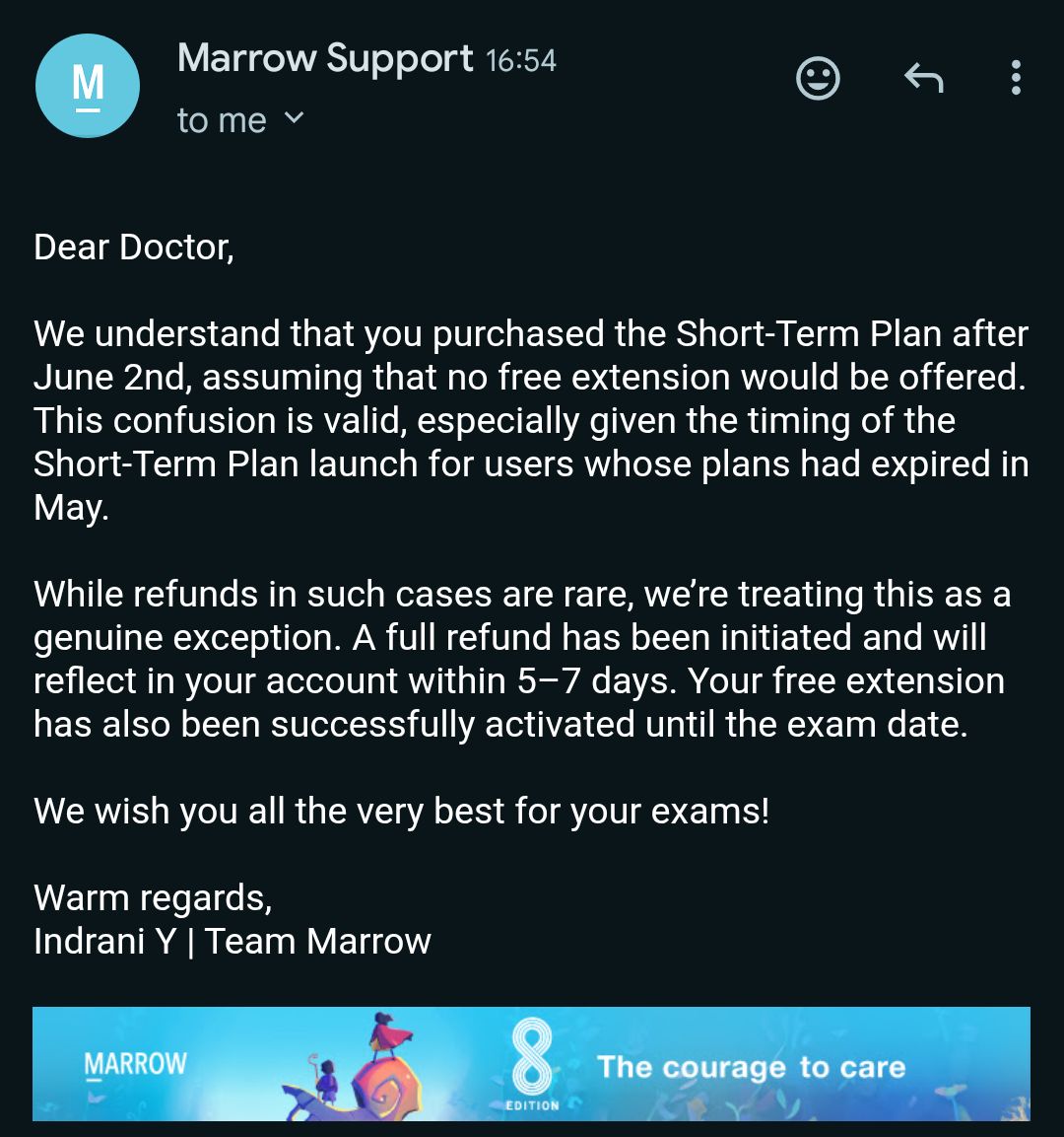 kinda_SNRI's tweet photo. Nothing but respect for @marrow_med, tbh I wasn't even hopeful, neither did I care much as the extension given was pretty cheap. OG app, OG support team. Nothing but the best 🔥🔥 https://t.co/uFQQX44JI0