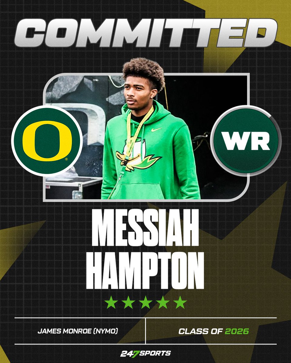 McAllisterMike1's tweet photo. BREAKING: 4-star WR and #1 player in NY, Messiah Hampton, has committed to Oregon over Syracuse and others. 

🔗: https://t.co/BGPqARvdiu https://t.co/cYK97QpUYI