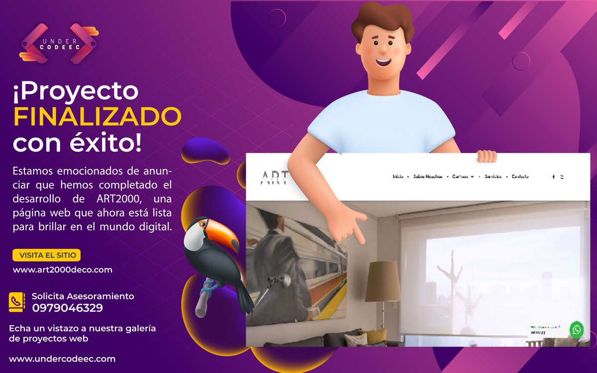 undercodeEC's tweet image. 🚀 ¡Proyecto COMPLETADO con ÉXITO! 🚀
Nos complace anunciar que el desarrollo de ART2000 ya está FINALIZADO. Hemos creado una página web única, moderna y funcional que ahora está lista para brillar en el mundo digital. 💻✨

#PortafolioDeTrabajo #UndercodeEC