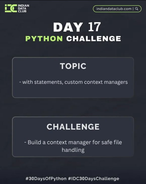 pragati_jag's tweet photo. Day 17 of #30DaysOfPython by @indiandataclub

Built a custom context manager for safe file handling

 __enter__() opens the file

 __exit__() closes it, even if things break

No file left hanging, no .close() needed

#Python #ContextManagers #CleanCode https://t.co/XOxntsdkOo