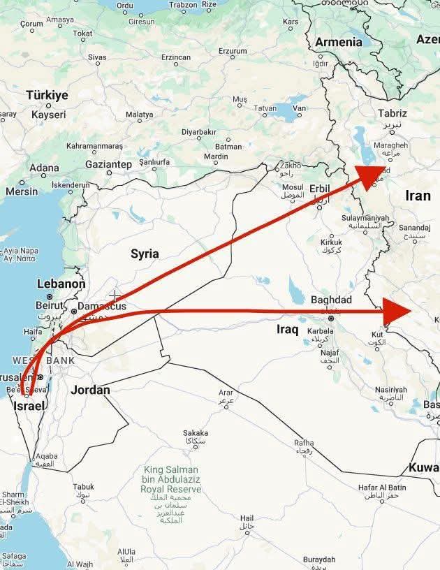 سيبقى #الاردن أكبر من كل من يحاول ان يزج اسمه بكل ما يحدث حولنا
المسار الجوي الاسرائيلي في قصف المواقع الإيرانية منذ الفجر⬇️
#الاردن #إيران #طهران #الضربة_الاسرائيلية